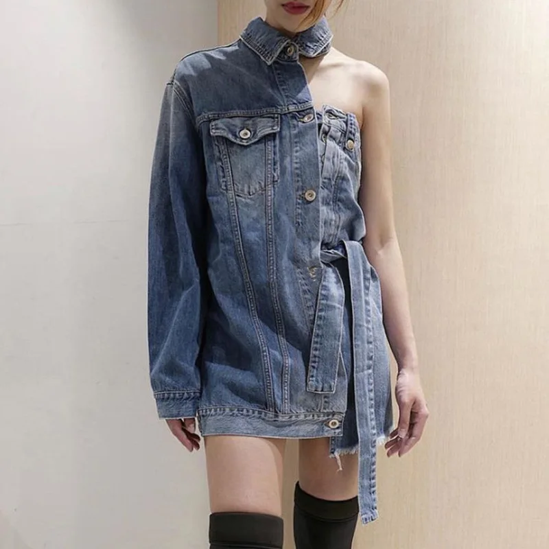 

2021 Spring Asymmetry Denim Shirt Dress Women Off Shoulder One Sleeve Backless Female Fashion Streetwear Clothing