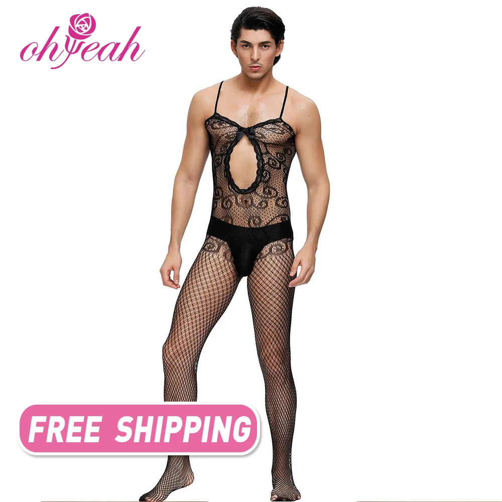 

Free shipping high quality super stretchy straps body stocking sleeveless transparent mesh men bodystocking