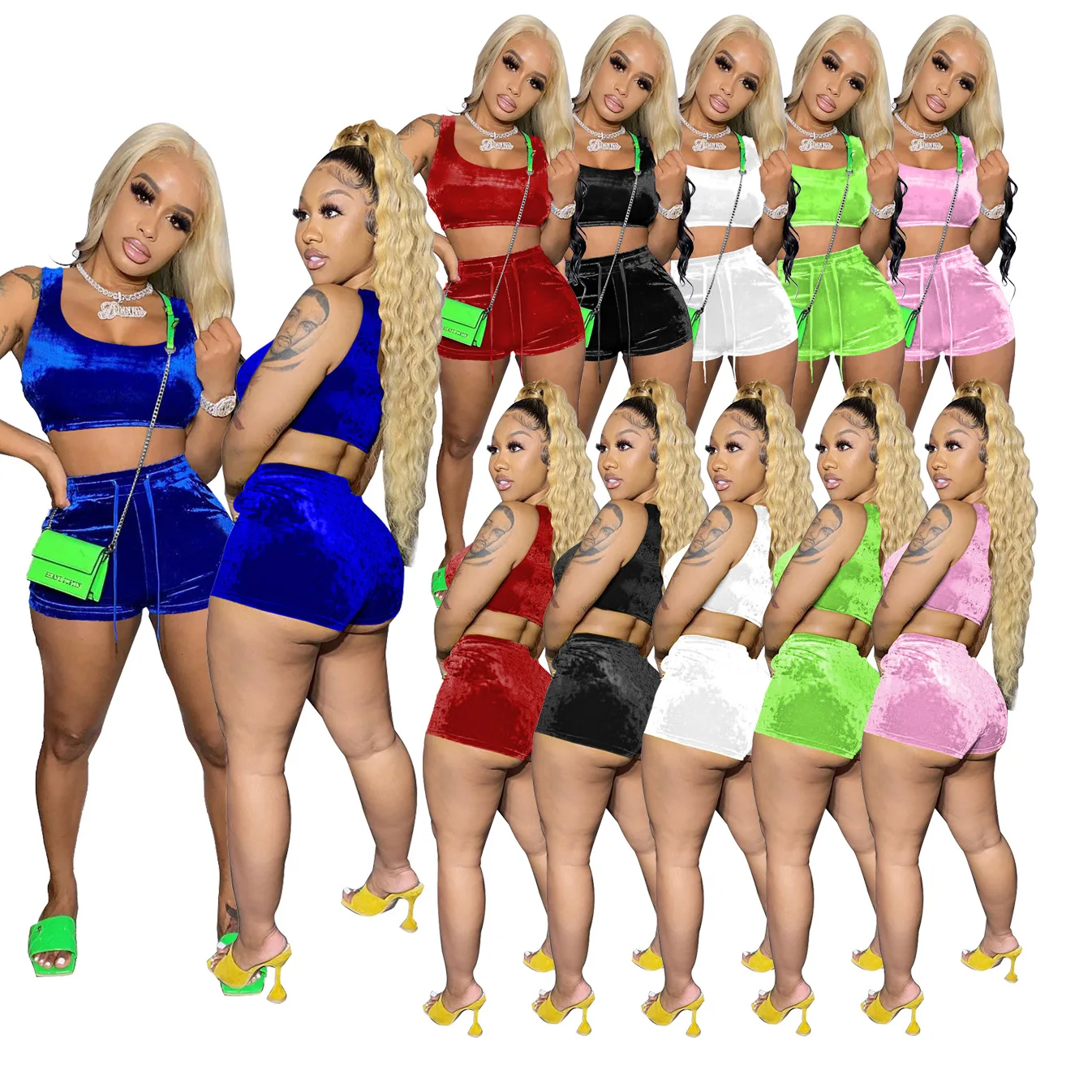 

2021 Custom Velvet Hot Girl Street Style Solid Sleeveless 2 Piece Set Jogger Chest Bound Shorts Gold Velvet Women 2 Piece Set, Red/black/rose red/blue/khaki