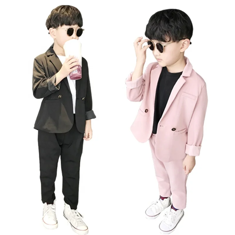 

B60285A Kids' new 2019 summer pink hot fashion handsome party suit, Black pink