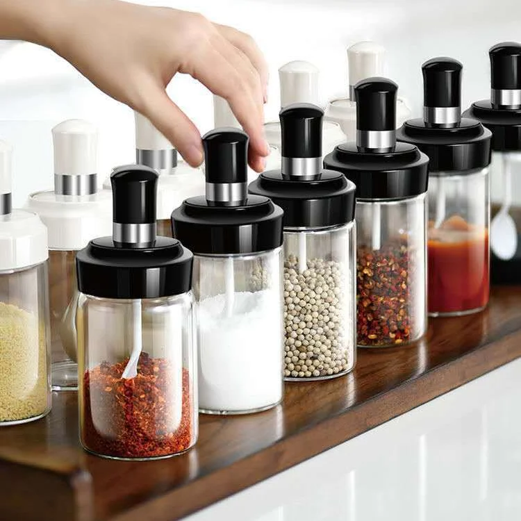 

250 ml Kitchen storage container Spice Seasoning Bottle Glass Seasoning Salt Sugar Sealed Jar With Brush and Spoon Oil Pot, Transparent
