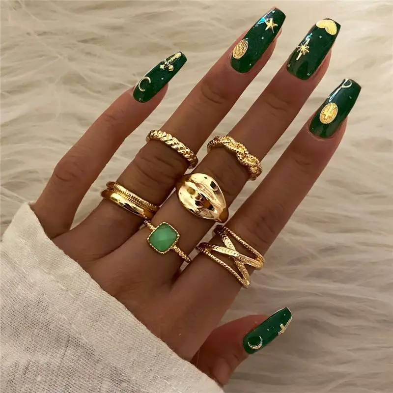 

Fashion Gold Snake Cross Wide Rings Set Multiple Designs Gothic Green Stone Rings for 2021 Women Jewelry, Silver plated