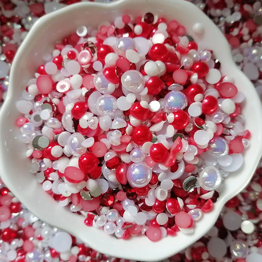 500g DIY Craft Size Mix Flat Back Red White Plastic Pearl Beads  Acrylic Rhinestone Mix