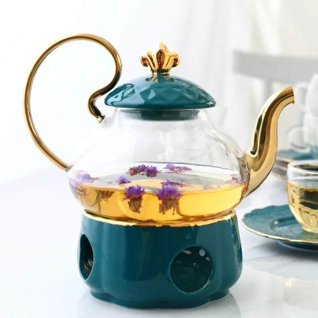 

Nordic Flower Tea Cup Set British Ceramic Glass Flower Tea Set Candle Teapot With Filter Afternoon Tea Set