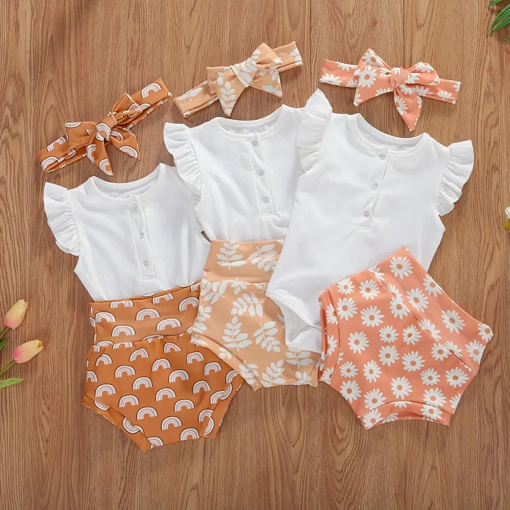 

RTS Newborn Infant Toddler Clothing Girls Flutter Sleeve Ribbed Cotton Romper Bloomer Headband Set Baby Floral Outfits, Photo showed and customized color