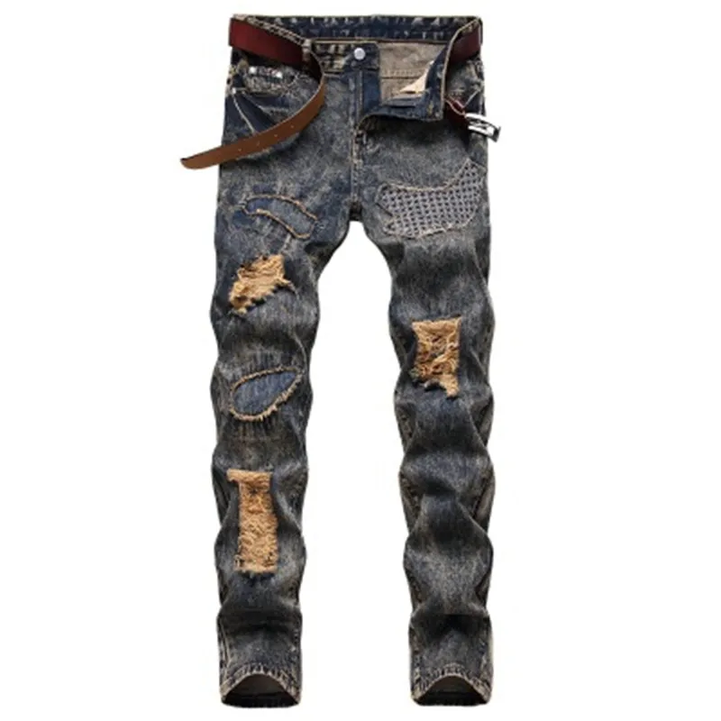 

Wholesale men's stretch Casual jeans Hip Hop Style straight retro printed personality jeans men's fashion Hole trousers, Customized color