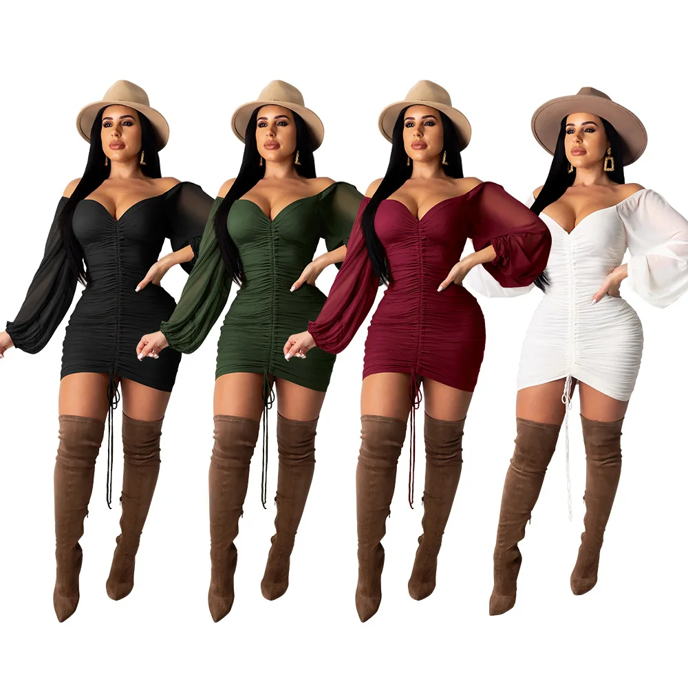 

Summer Women Clothing Mesh stitching mini bodycon dress women Casual lady elegant Solid Strapless lantern sleeves Women Dresses