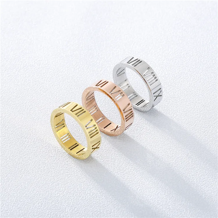 

2021 Newest Simple Roman Number Stainless Steel Jewelry Ring Cheap Gold Plated Customized Rings Women Men, Gold/ rose gold/silver
