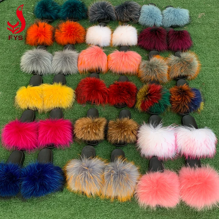 
Wholesale women big real natural fluffy black brown raccoon fur slides slipper for lady and kids 