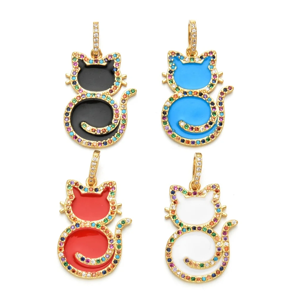 

Luxury Cute color Zircon Copper cat enamel charms pendant for necklace jewelry making 16*33mm, Picture