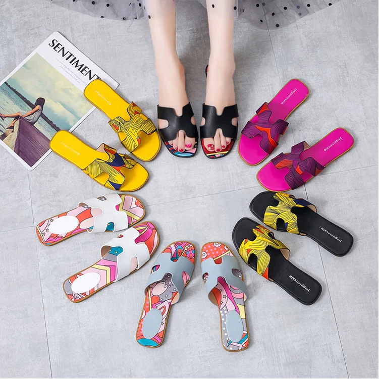 

summer ladies cute bedroom relax slippers colorful soft pu square upper flat sandals shoes for women, Picture
