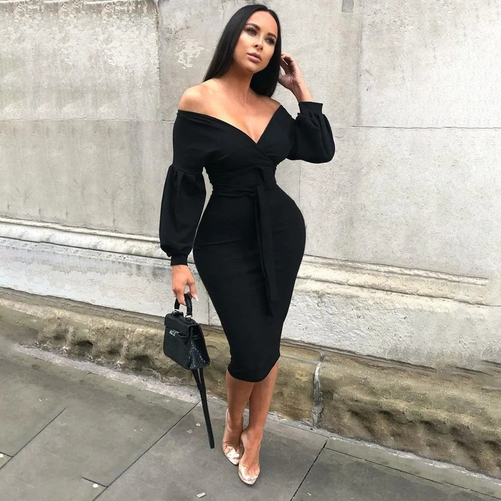 

Fall 2020 women Deep V neck elegant dress off shoulder stylish sexy dress fall lantern sleeve midi dress
