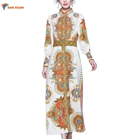 

European style new design graceful retro floral print fashion furcal casual full sleeve stand collar long shirt dress for woman