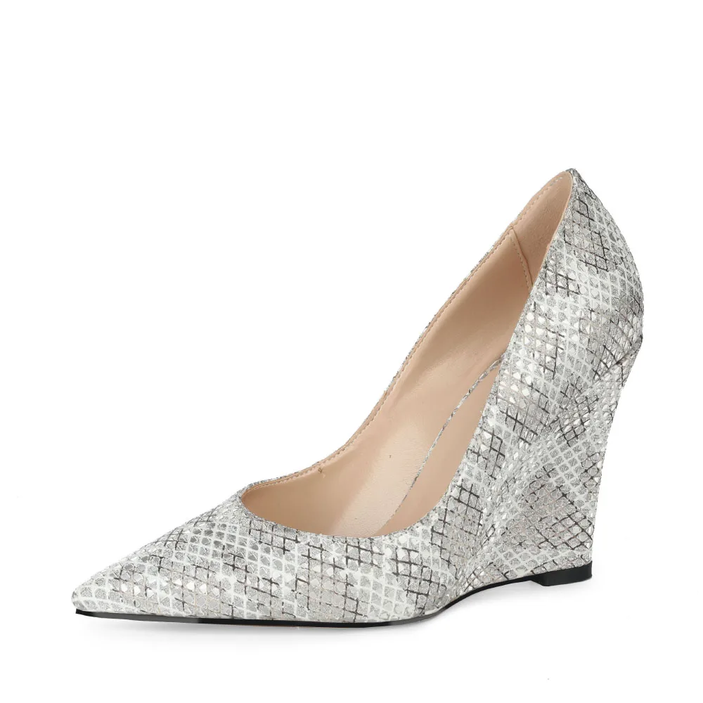 

Self-designed ladies pointed toe wedges ladies high heels silver dress shoes, Customized