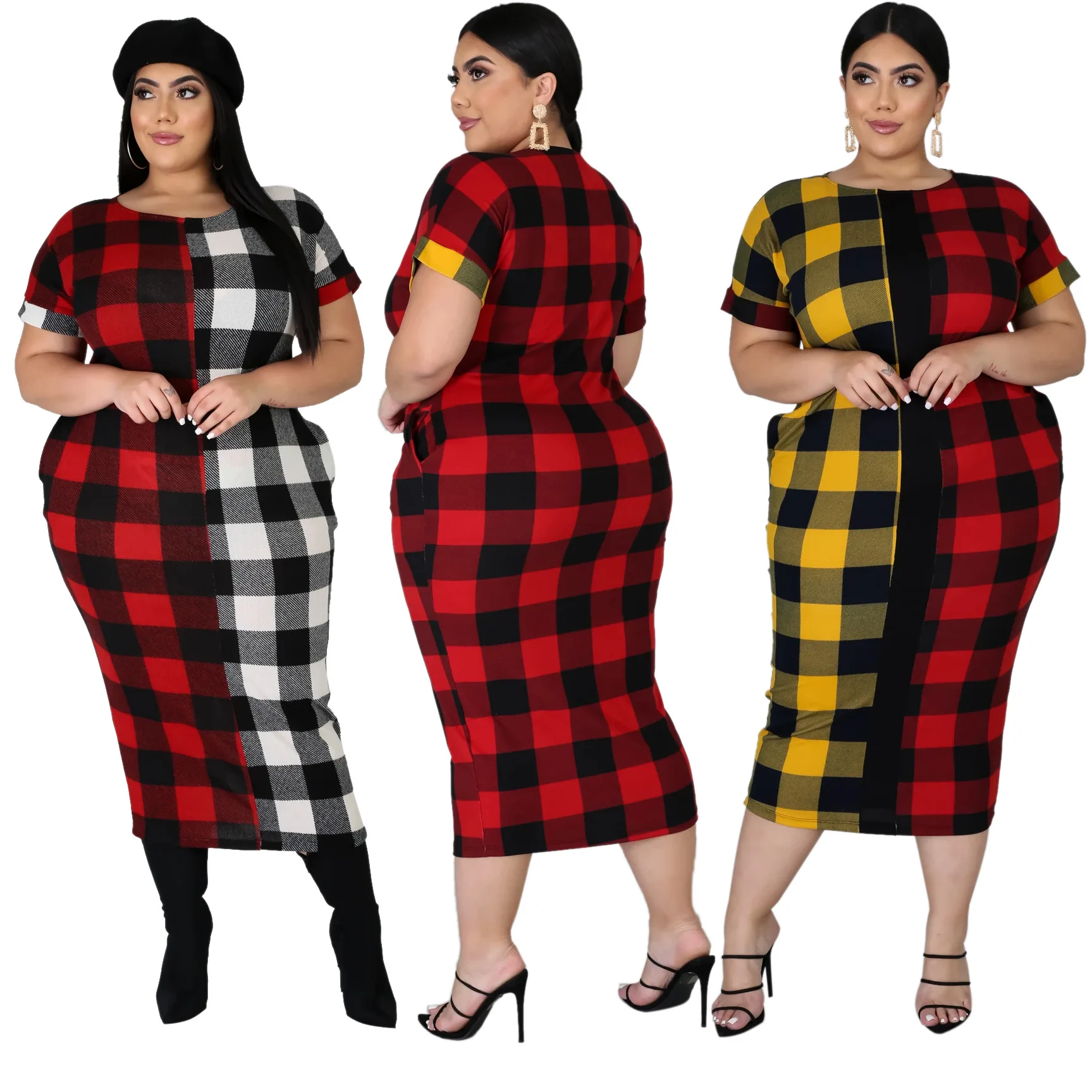 

2020New Fashion Causal Plus Size Short Sleeve Plaid Dress For Women, 2 options