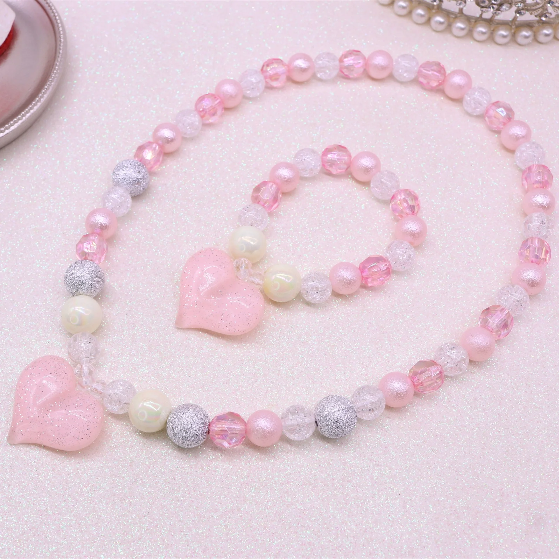 

Love Pink Acrylic Necklace Children's Necklace And Bracelet Set