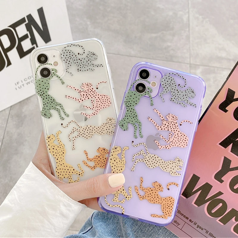 

Fluorescent Clear Phone Case For iPhone 11 Pro Max XR XS Max 7 8 Plus X SE 2020 Soft TPU Animal Leopard Silicon Back Cover