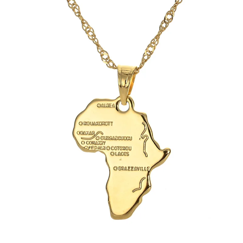 

2021 Africa Congo Algeria Map Pendant Necklace 18K Gold Plated Copper Hiphop Style jewelry Map Necklace For Women, Gold color