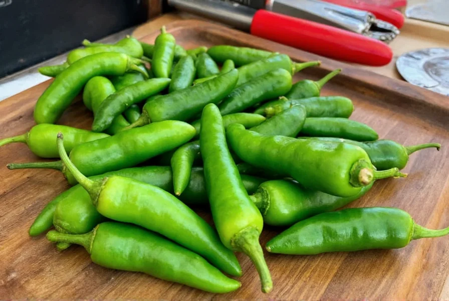 Fresh green Hatch chili peppers on a wooden table with roasting equipment