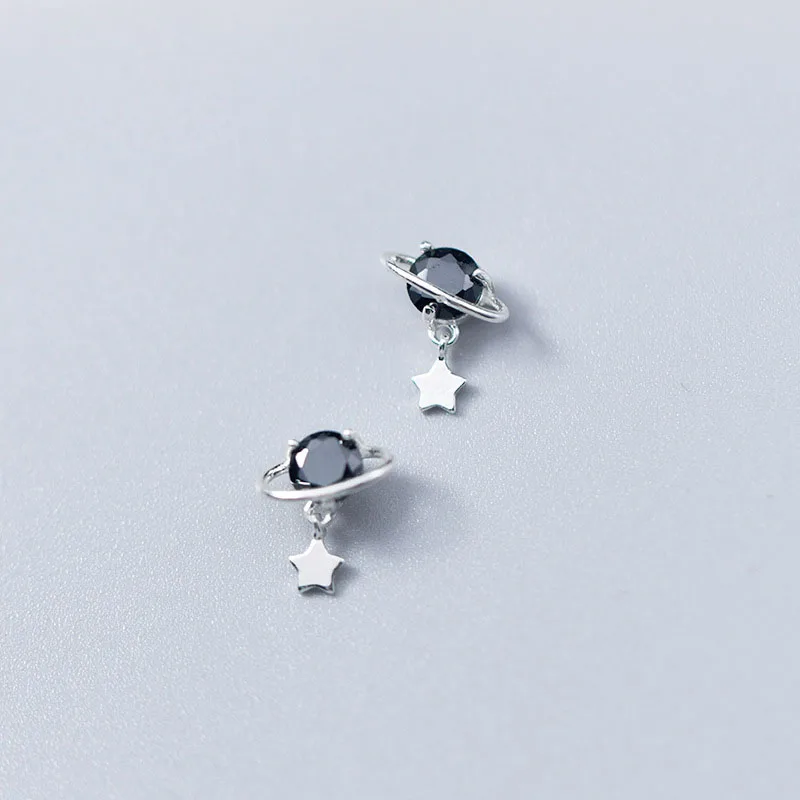 Fashion Girls 925 Sterling Silver Black Zircon Planet Star Wedding Stud Earrings Wholesale