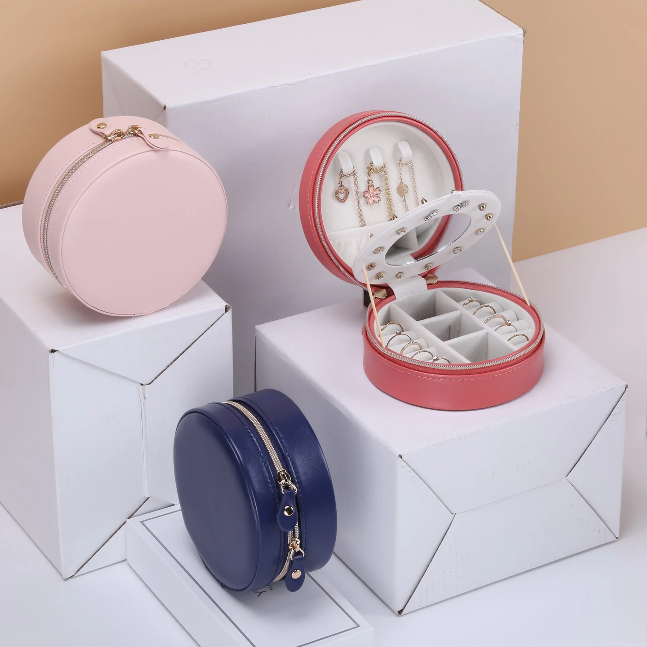 

Round Jewelry Storage Box Portable Travel Jewelry Organizing Box Small Earrings Ring Lipstick Storage Bag With Mirror, Check