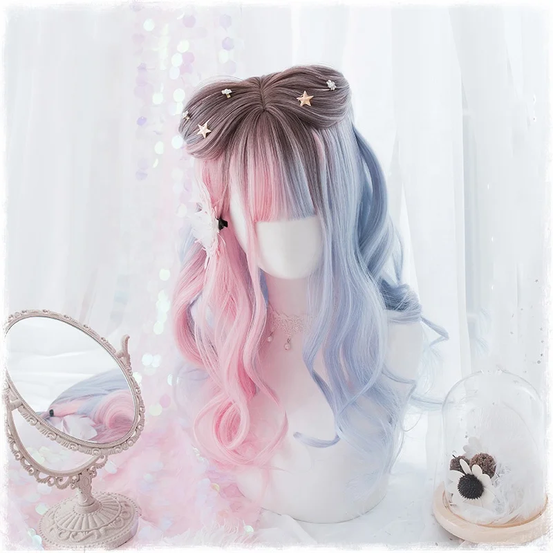 

High Quality 50cm Long Curly Brown Pink Blue Three Colors Mixed Synthetic Anime Cosplay Hair Lolita Wigs For Girls CS-819A