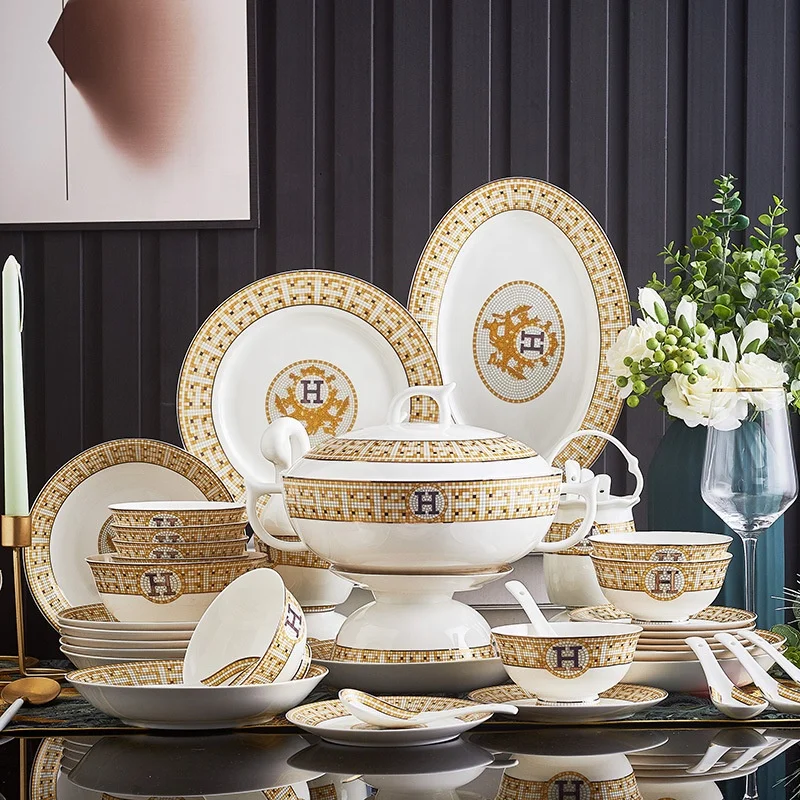 

New designs Jingdezhen 60 head kitchen bone china dishes set mosaic ceramic tableware, As the photos