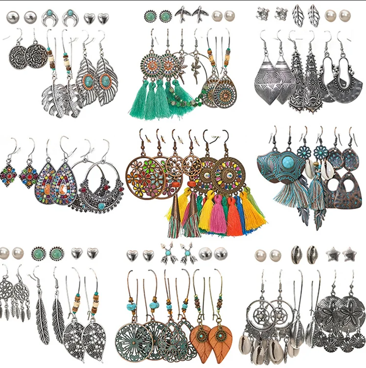 

Fashion Vintage Bohemian Ethnic Style Bronze Silver Drop Dangle Tassel Earrings Set for Women Jewelry