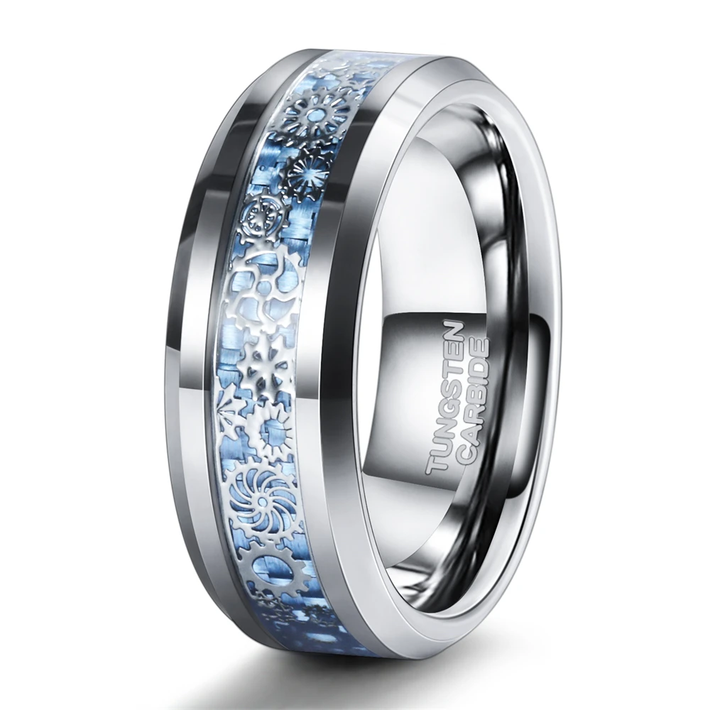 OAHLAN 8mm Gear Tungsten  Rings Free Engraving Tungsten Carbide Mechanical Seal Rings Unique Celtic Tungsten Rings