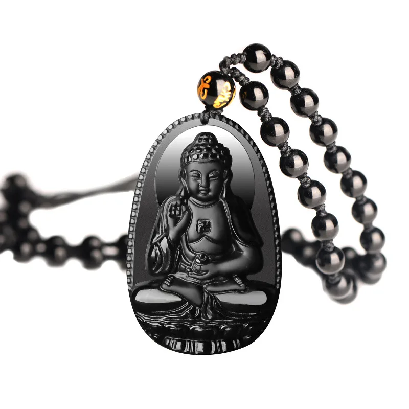 

Natural Obsidian Pendant Eight Guardian Twelve Zodiac Natal Buddha Amulet Lucky Necklace Opening For Women Men, Black