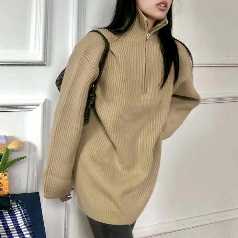 

Winter Women's Clothes New Long-sleeved Half-open Collar Under The Spread Fork Loose Look Thin Casual Versatile Sweater, Picture