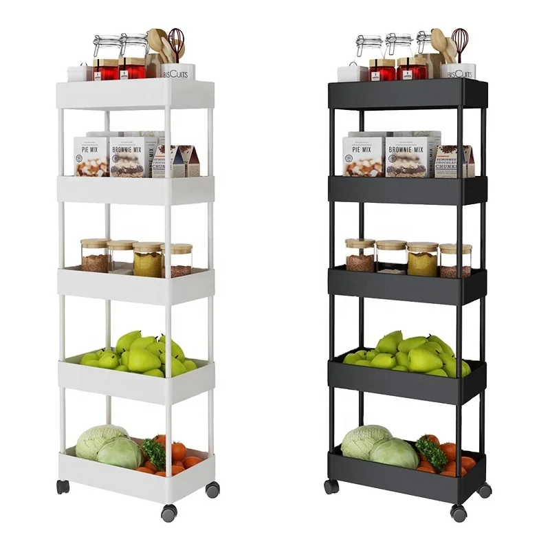 

Floor standing multi-layer movable storage rack side slit trolley kitchen refrigerator clip slot storage shelf, Black