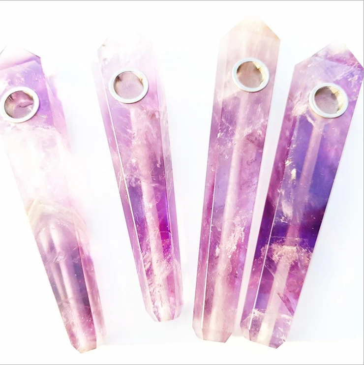 

Wholesale natural quartz polished healing Amethyst crystal smoke pipe, Purple