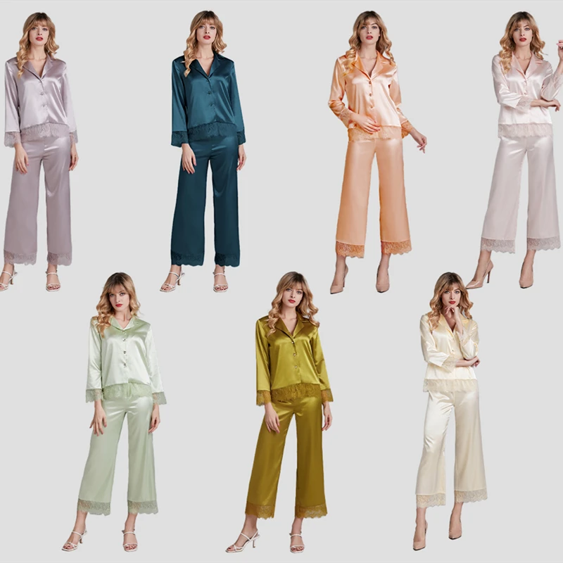 

2021 popular wholesale pijamas long sleeve two piece women's sleepwear satin silk pajamas