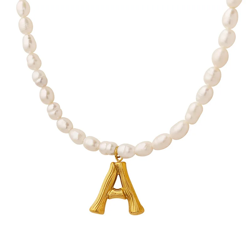 

JOOLIM Alphabet 26 Letters Pendant initial necklace 18k gold plated stainless steel Initial Vintage Retro Fresh Water Pearl Nec