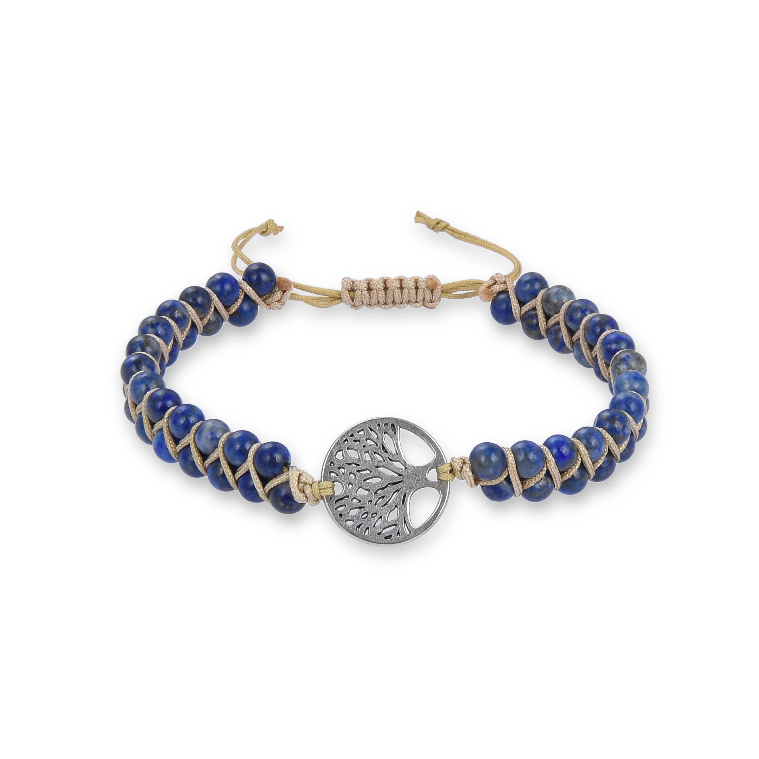 

Wholesale Natural Gemstone  Size Lapis Lazuli Stone with Tree Charm Double Row Stone Bracelet