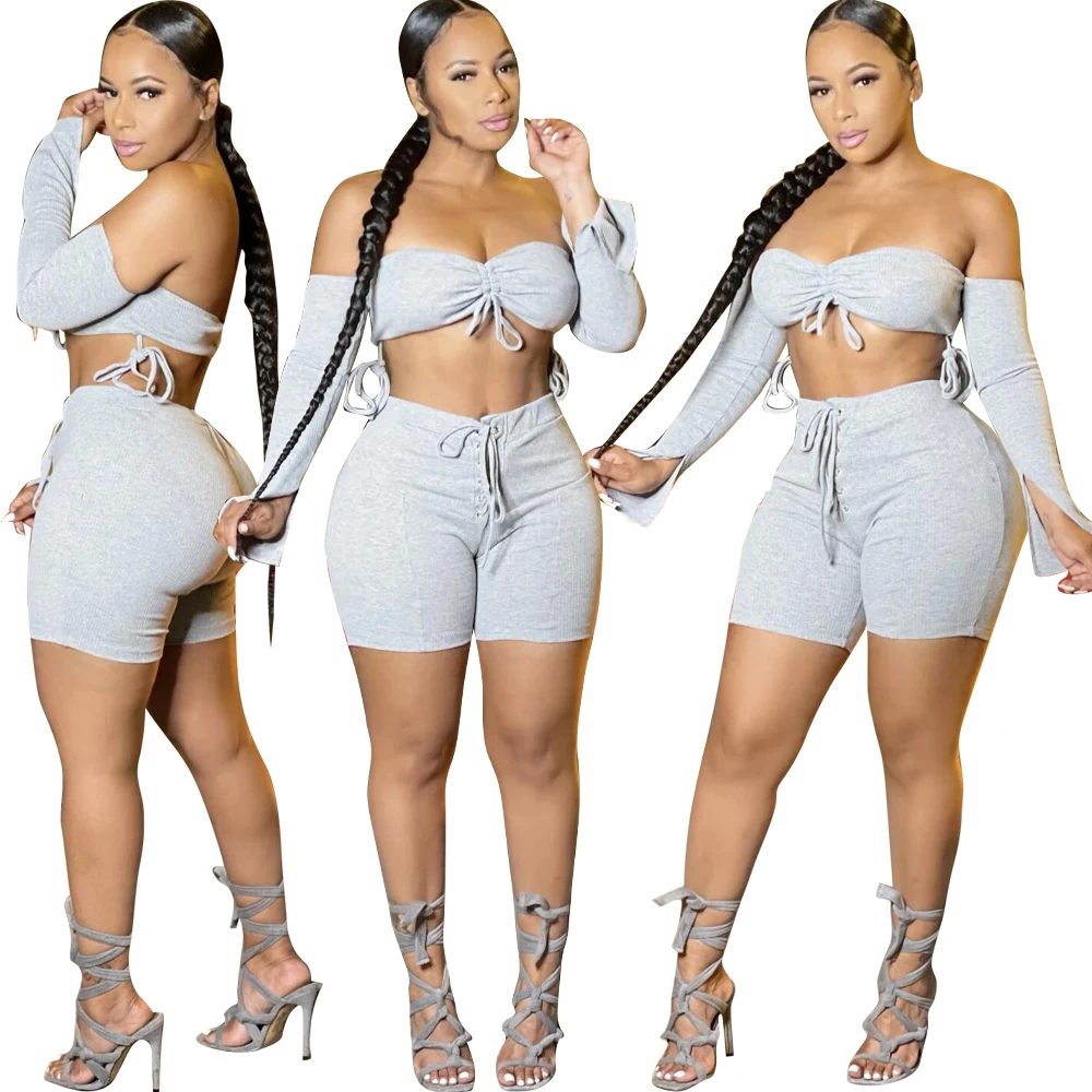 

2021 summer autumn new arrivals women sexy gray solid color long sleeves crop top two pieces 2pc short pants shorts set outfits