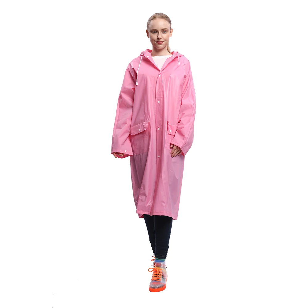 

Portable plastic adult plastic long rain coat reusable eva waterproof men and women raincoat with hood and pocket, Pink,blue,yellow,purple,white,green