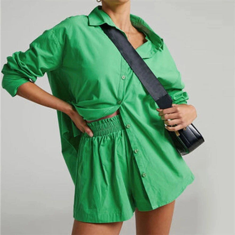 

Women Tracksuits Shirt With Mini Shorts Cotton Two Pieces Sets Fashion Clothing Outfits Women Blouses Fashion Tracksuits