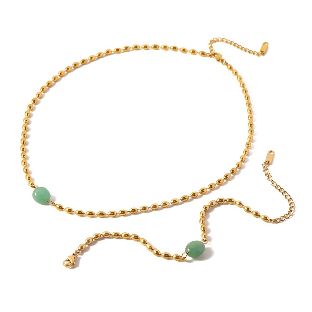 

Stainless Steel 18K Gold Plated Jewelry Set Green Natural Stone Oval Golden Bead Bracelet Necklace