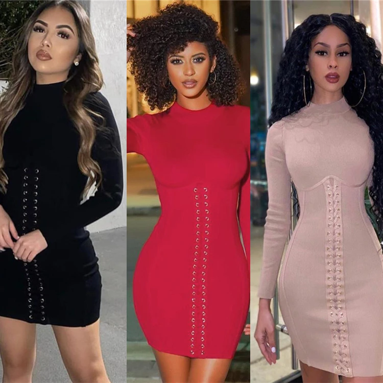 Latest Design Elegant New Collections Winter Clothing 2021 Woman Long Sleeve Bodycon Dresses Women Casual Dress
