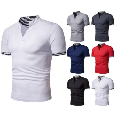 

2021 New Fashion Men's Henry Collar Plaid Men's Short-sleeved Sport POLO Leisure Shirt V-shaped Collar Casual Polo Shirt