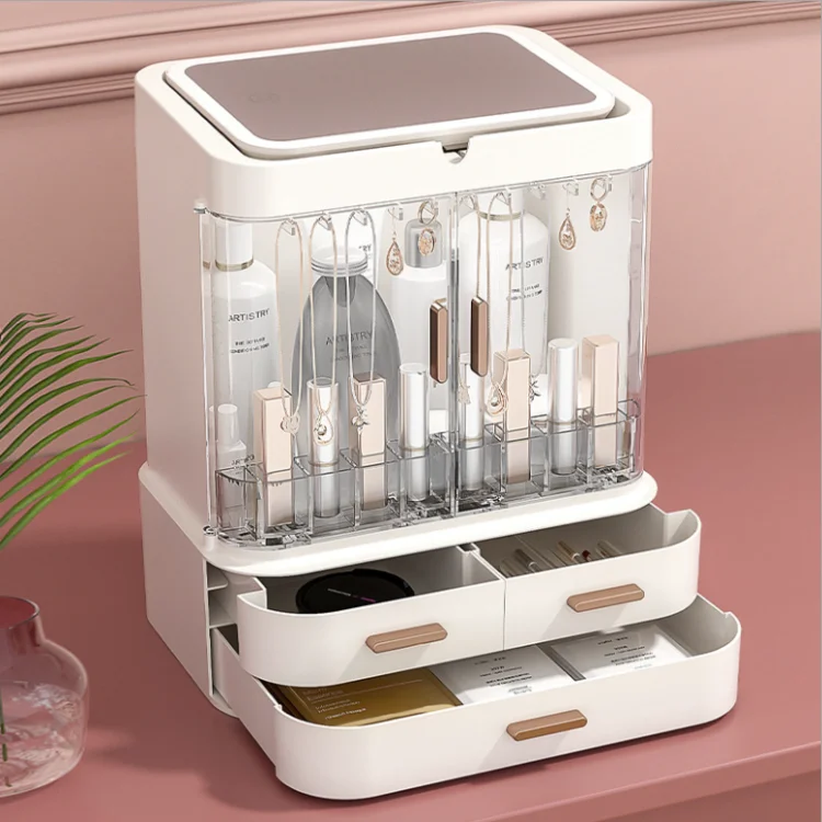 

Led Light Makeup Storage Box Organizer Foldable Unique Cosmetics Organizer with Mirror, Pink, white