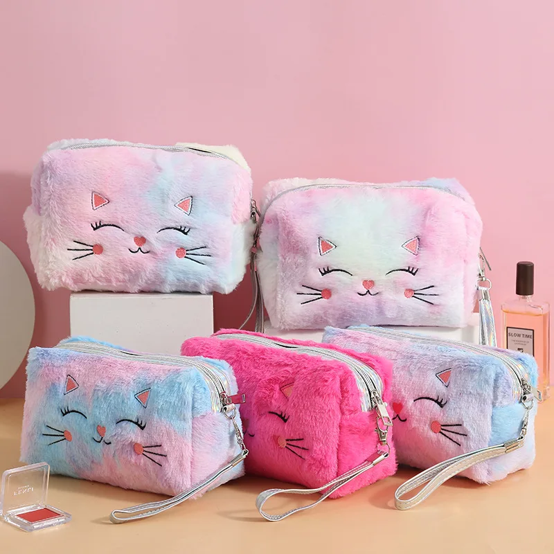 

Cute Plush Kids Rainbow Belt Zipper Cartoon Colorful Fluffy Cat Cosmetic Bag Soft Makeup Pouch, 5 colors