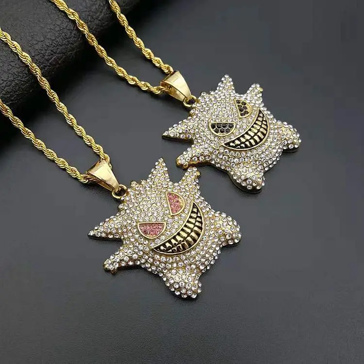 

Hot Selling Style Hips Hops Jewelry ELF Pokemon Pendant Iced Out Diamond Cartoon Charm Stainless Steel Gengar Pendant Necklace