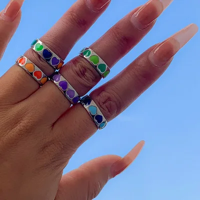 

juhu simple and creative heart-shaped oil dripping open enamel ring female sweet cool mixed color geometric punk jewelry, Colorful