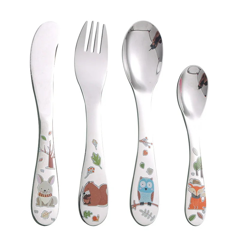 

304 stainless steel children's knife fork and spoon cartoon cutlery 4 pcs set Western food silverware roasting process