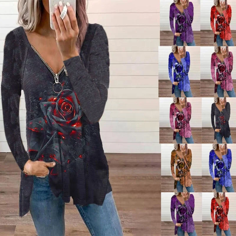 

Hot Sale Ladies T-shirt Long Sleeve Rose Printing Casual Winter Fall Women Clothing V-neck Plus Size Women's blouses & Shirts, 6 color options