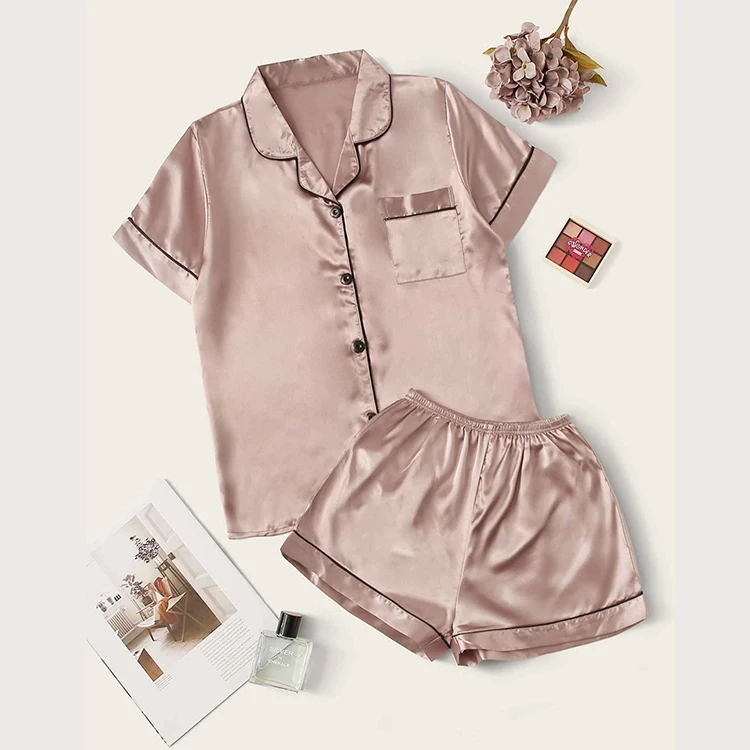 

Factory Directly Wholesale Summer Short Sleepwear High Quality Silk Satin Pajamas Set