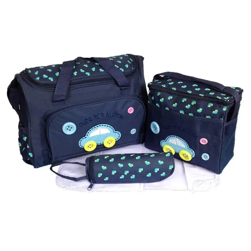 

4pcs Cute Embroidery Mummy Diaper Bag With Changing Mat Bottle Bag, 3 colors